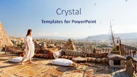  Presentation with cappadocia - PPT theme featuring young-woman-relaxing-on-terrace background and a sky blue colored foreground