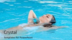  Presentation with water woman swimming underwater - PPT theme with young woman relaxing on water background and a light blue colored foreground