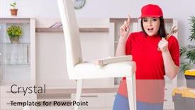  Presentation with home - Amazing presentation theme having young-woman-repairing-chair backdrop and a soft green colored foreground