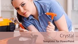  Presentation with home - Presentation design consisting of young-woman-repairing-chair background and a  colored foreground