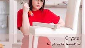  Presentation with home - PPT theme having young-woman-repairing-chair background and a  colored foreground