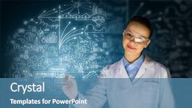  Presentation with organic chemistry reaction formula - PPT layouts consisting of young woman researcher in medical background and a teal colored foreground