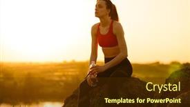  Presentation with summer drinking water - Presentation theme with young woman resting and drinking water after trail running outdoor workout exercise at hot beautiful summer sunset sport and healthy active lifesyle concept background and a tawny brown colored foreground