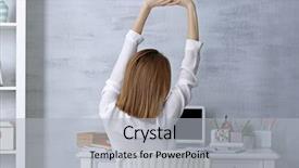  Presentation with workplace - Cool new slide deck with young woman resting at workplace backdrop and a light gray colored foreground