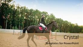  Presentation with woman sport - Slides with young woman rides on horse background and a  colored foreground