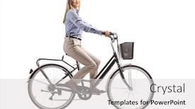  Presentation with bicycle - Presentation theme having young-woman-riding-a-bicycle background and a light gray colored foreground