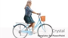  Presentation with bicycle - Presentation consisting of young-woman-riding-a-blue background and a white colored foreground