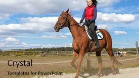  Presentation with horse riding - PPT theme featuring young woman riding a horse background and a coral colored foreground
