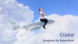  Presentation with airplane - Colorful presentation theme enhanced with young woman riding drawn airplane backdrop and a sky blue colored foreground