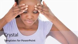  Presentation with close up of young girls - Beautiful PPT theme featuring young woman rubbing her temples backdrop and a  colored foreground