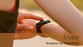  Presentation with woman runner - Beautiful PPT theme featuring young woman runner resting on the summer trail at sunset and using smartwatch closeup of hands with smart watch training and sports concept backdrop and a red colored foreground