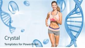  Presentation with dna structure - Amazing presentation design having young woman running by dna backdrop and a sky blue colored foreground