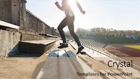  Presentation with upstairs - PPT theme with young woman running upstairs background and a  colored foreground