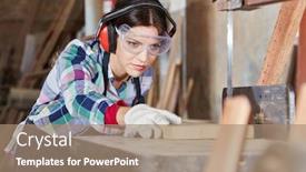  Presentation with wood joinery - Slide deck with young-woman-sawing-wood-during background and a coral colored foreground