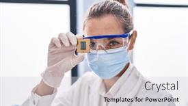  Presentation with processor - PPT theme with young-woman-scientist-holding-cpu background and a light gray colored foreground