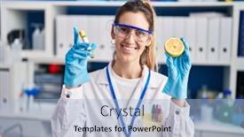 Presentation with test tube laboratory - Theme having young-woman-scientist-holding-test background and a light blue colored foreground
