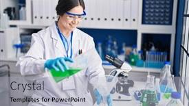  Presentation with liquid - PPT theme featuring young-woman-scientist-measuring-liquid background and a light gray colored foreground