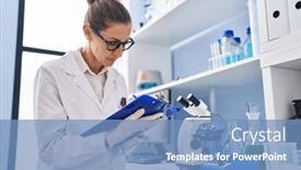  Presentation with liquid - Slides consisting of young-woman-scientist-measuring-liquid background and a teal colored foreground