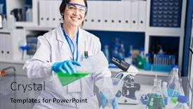  Presentation with liquid - Presentation enhanced with young-woman-scientist-measuring-liquid background and a light gray colored foreground