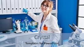  Presentation with scientist - PPT layouts featuring young-woman-scientist-smiling-confident background and a light blue colored foreground