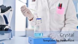  Presentation with liquid - PPT theme having young-woman-scientist-weighing-liquid background and a light blue colored foreground