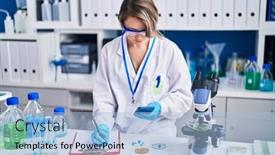  Presentation with report - Presentation design consisting of young-woman-scientist-writing-report background and a light blue colored foreground