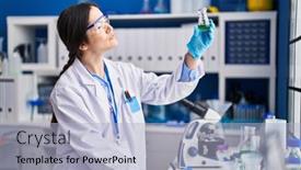  Presentation with test tube laboratory - PPT theme having young-woman-scientist-writing background and a  colored foreground