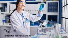  Presentation with test tube laboratory - PPT layouts having young-woman-scientist-writing background and a light gray colored foreground