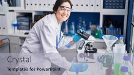  Presentation with microscope - Presentation theme with young-woman-scientist-writing background and a light gray colored foreground