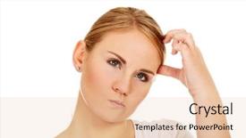  Presentation with head - Cool new slide deck with young woman scratching her head backdrop and a lemonade colored foreground