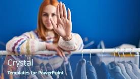  Presentation with clothing - Presentation theme enhanced with young-woman-searching-clothes background and a ocean colored foreground