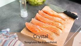  Presentation with modern food - Colorful presentation design enhanced with young woman seasoning a salmon filet in her modern kitchen preaparing a healthy food backdrop and a coral colored foreground