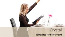  Presentation with restaurant waiter - PPT theme consisting of young woman seated at a restaurant table calling the waiter isolated on white background background and a lemonade colored foreground