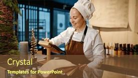  Presentation with payment - PPT theme featuring young-woman-seller-using-device background and a tawny brown colored foreground