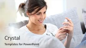  Presentation with text message - Cool new PPT theme with young woman sending text message with smartphone backdrop and a sky blue colored foreground