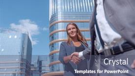  Presentation with business partner - Slides with young-woman-shaking-hands background and a ocean colored foreground