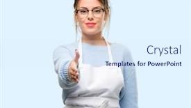  Presentation with trust - Presentation theme consisting of young woman shop owner wearing apron holds hands welcoming in handshake pose expressing trust and success concept greeting background and a sky blue colored foreground