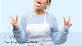  Presentation with apron - Cool new PPT theme with young woman shop owner wearing apron looking at camera showing tong and making victory sign with fingers backdrop and a light blue colored foreground