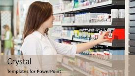  Presentation with shot - Beautiful presentation theme featuring young woman shopping at pharmacy backdrop and a coral colored foreground