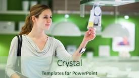  Presentation with dimensions - PPT theme with young woman shopping for furniture background and a soft green colored foreground