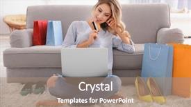  Presentation with online banking - Presentation having young woman shopping online background and a coral colored foreground