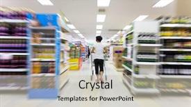  Presentation with shopping cart or supermarket trolley - Beautiful theme featuring young woman shopping backdrop and a soft green colored foreground