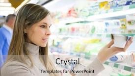  Presentation with supermarket - PPT theme featuring young woman shopping background and a mint green colored foreground