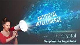  Presentation with artificial intelligence - PPT theme with young-woman-shouting-in-megaphone background and a ocean colored foreground