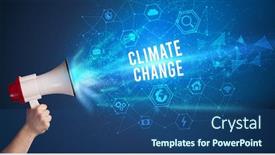  Presentation with climate change - Colorful theme enhanced with young-woman-shouting-in-megaphone backdrop and a ocean colored foreground