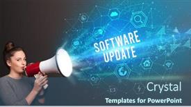  Presentation with software - Slides featuring young-woman-shouting-in-megaphone background and a ocean colored foreground