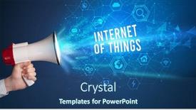  Presentation with announcement - Colorful PPT theme enhanced with young-woman-shouting-in-megaphone backdrop and a ocean colored foreground