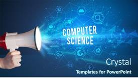  Presentation with announcement - Beautiful presentation theme featuring young-woman-shouting-in-megaphone backdrop and a ocean colored foreground