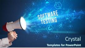  Presentation with software testing - Theme consisting of young-woman-shouting-in-megaphone background and a ocean colored foreground