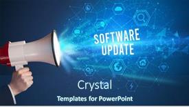  Presentation with announcement - Cool new PPT theme with young-woman-shouting-in-megaphone backdrop and a ocean colored foreground